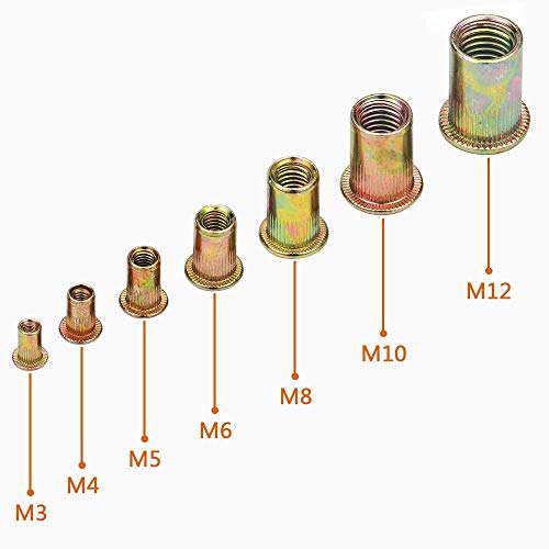 LOKMAN 175PCS Metric Rivet Nut Kit Carbon Steel Flat Head Threaded Insert Nut Assorted in M3 M4 M5 M6 M8 M10 M12, Knurled Body (Rivet Nut Kit 1) - size: Rivet Nut Kit 1