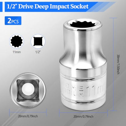 2 Pcs 1/2" Drive 11mm Shallow Impact Socket | Anti-Rounding 12 Point Design, Square Chamfered Opening, Easy Removal of Axle Nut - color: Shallow, size: 11mm
