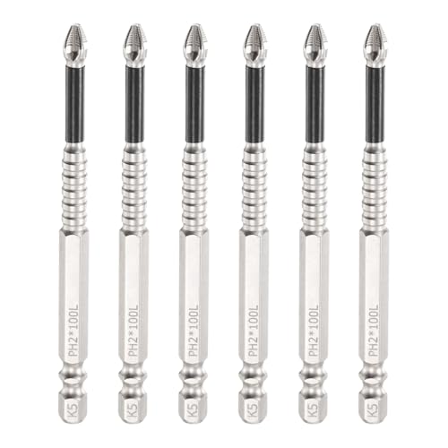 HARFINGTON 6pcs Impact Phillips Screwdriver Bit PH2 (#2) Anti Slip Tip 1/4" Hex Shank 4" (100mm) Long Magnetic Cross Screw Driver Industrial Power Drill Bits for Remove Fastening Screws - size: 4 inch