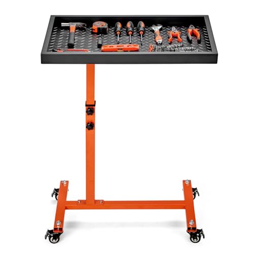 OLBRUS Adjustable Work Table with Wheels, Mechanic Rolling Tool Tray Table for Garage Repair Shops DIY, 220LBS Capacity Mobile Heavy Duty Steel Tool Cart (Orange) - color: Orange
