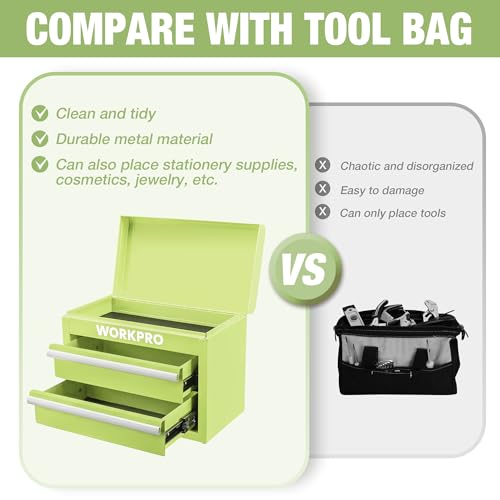 WORKPRO Metal Mini Tool Box with 2 Drawers and Top Storage | Cold Rolled Steel Toolbox, Ball Bearing Slides, PVC Drawer Liners, PP Feet Pads, Durable Storage - color: Macaron Green