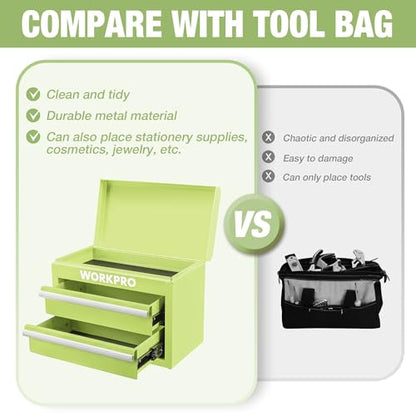 WORKPRO Metal Mini Tool Box with 2 Drawers and Top Storage | Cold Rolled Steel Toolbox, Ball Bearing Slides, PVC Drawer Liners, PP Feet Pads, Durable Storage - color: Macaron Green