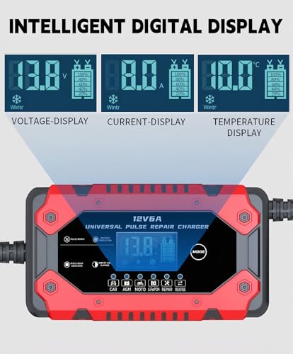 12V 6A Smart Battery Charger, Automatic Maintainer with Pulse Repair, Trickle Charger and Desulfator, Overcharge Protection, Temperature Compensation for Lead-Acid and Lithium Batteries