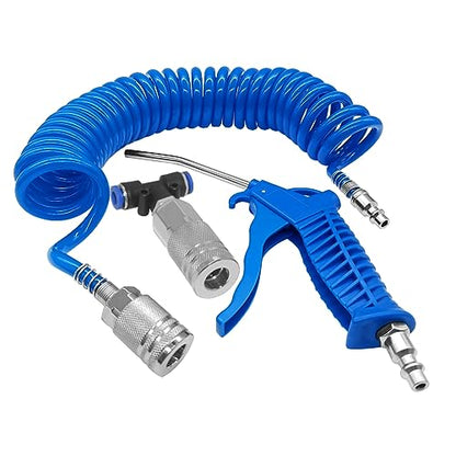 Beduan Air Blow Gun Kit with 16ft Long Pneumatic PU Hose, Heavy Duty Air Duster Gun for Air Compressor(Blue) - size: 1/4"-16ft Tube-PTC adaptor(Blue)