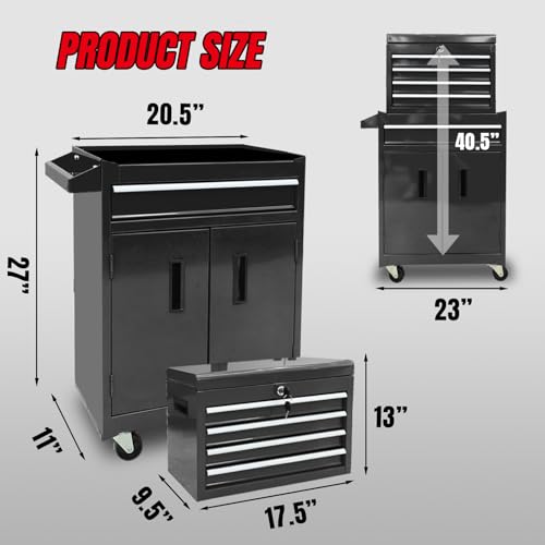 Torin 5-Drawer Rolling Tool Chest: Metal Tool Box with Wheels, Removable Top Tool Box, Liner, Adjustable Shelf and Locking Mechanism for Garage Workshop,Black - style: Metal Tool Box/Black