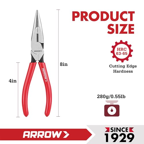 ARROW 8" High Leverage Needle Nose Pliers with Side Cutters, Long Nose Pliers for Gripping, Wire Bending, Cutting - size: 8 INCH