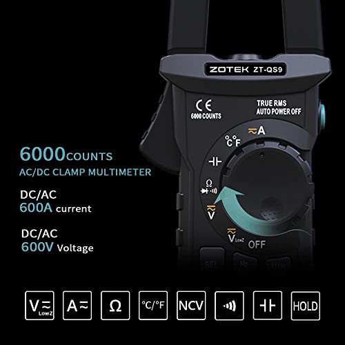ZOYI ZT-QS9 Digital Clamp Meter Multimeter, T-RMS Auto-Ranging 6000 Counts, NCV Measures AC/DC 600V/600A, Capacitance, Resistance, Diode, Continuity, Duty-Cycle, Frequency and Temperature