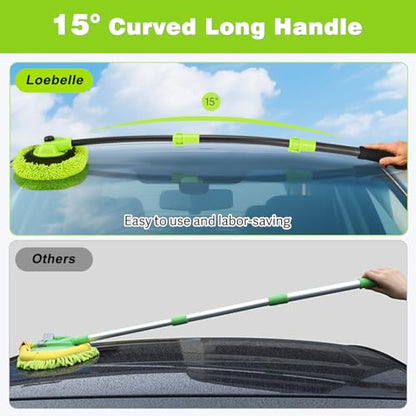 7-in-1 Car Wash Brush Kit with 15° Curved Long Handle for Cars | Car Cleaning Kit with 2 Replaceable Car Washing Mop, Wash Sponge, Mitt, Towel, Tire Brush for RV SUV Truck, Green