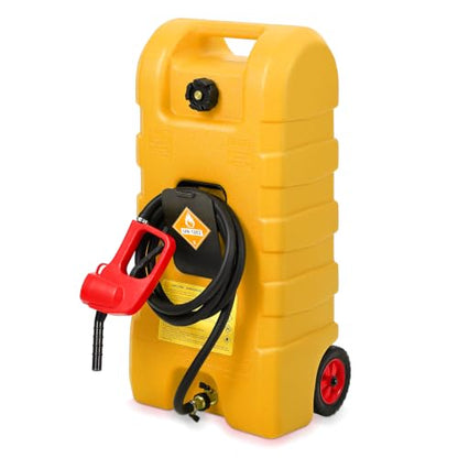 15 Gallon Gas Can, Fuel Tank Container with LE Fluid Transfer Manual Siphon Pump & 10FT Hose, Portable Diesel Gas Storage Caddy with Wheels for Car, ATV, Weeder, Boat, etc., Yellow - color: Yellow