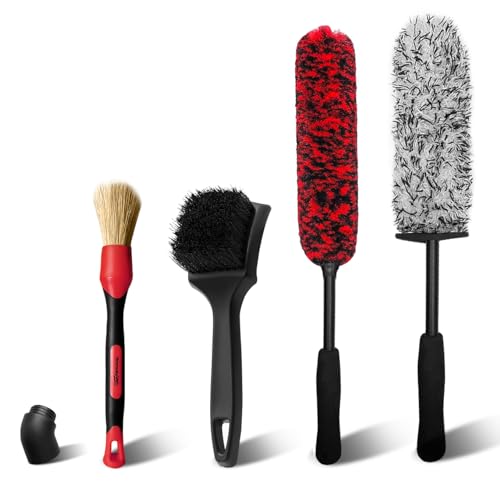 YeewayVeh 4Pack Car Wheel Cleaning Kit, Bendable Wheel Brush and Microfiber Rim Cleaner Brush, Tire Brush and Car Detailing Brush, Soft & No-Scratch Car Wheel Rim Brush Set for All Wheel Types, Red - color: Red/Black, size: 4 Piece