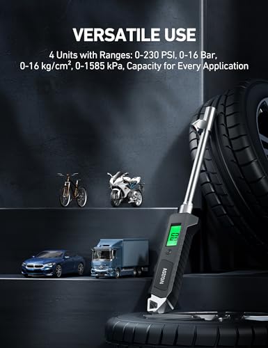 AstroAI Heavy Duty Digital Tire Pressure Gauge 0-230 PSI Calibrated to ANSI B40.7 Grade 2A (0.5%) with Backlit LCD & Flashlight, Stainless Steel for Truck RV Car Motorcycle Bike - size: 1 Pack, style: Long Version