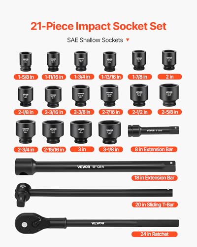 VEVOR 1 in Drive Impact Socket Set, 21 Piece, 6 Point Shallow Impact Sockets, SAE (1-5/8 in to 3-1/8 in), with 8 in & 18 in Extension Bars, 24 in Ratchet, Cr-V Steel, Size Marking, and Carrying Case - style: 1" 21 PCS