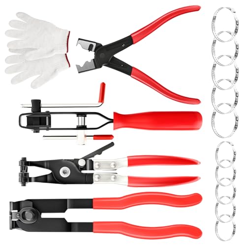 4Pcs Hose Clamp Pliers Set, CV Boot Clamp Pliers, C Clip Pliers with 10psc Hose Clamps and Gloves