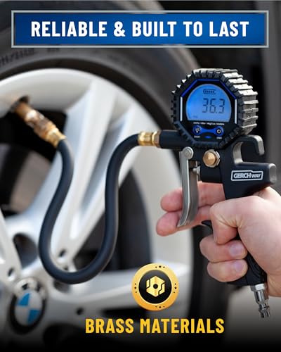 GERCHWAY Digital Tire Pressure Gauge with Inflator (3-200 PSI), Heavy Duty Air Chuck and Compressor Accessories with Swivel Air Chuck, Longer Hose, Large Display (0.1 Res)