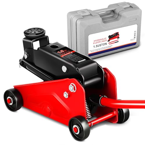 Magshion 1.5 Ton Low Profile Hydraulic Floor Jack, Heavy-Duty Steel Trolley Service Jack with Safety Valve, Swivel Casters, and Wide Saddle for Garage and Vehicle Maintenance, Red - color: Red