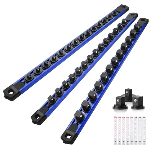 Reniteco Magnetic Socket Organizer Set, 3-Piece 1/2" 3/8" 1/4" Drive Aluminum Alloy Socket Holder with 40PC 360° Swivel Removable Clips, Magnetic Socket Rail for Tool Box Drawer, Blue - color: Blue, size: 3pc