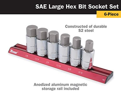 Titan 16130 6-Piece 1/2-Inch Drive SAE Hex Bit Socket Set, Magnetic Socket Organizer with Laser-Etched Size Markings - style: Large SAE Hex