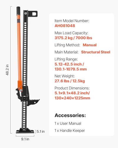 VEVOR Farm Jack 48 inch Utility High Lift, 7000 lbs Capacity Ratcheting Off Road Jeep Jack, Heavy for Tractor, Truck, SUV, Bumper Lift, Orange - size: 4.52" x 7.08" x 48.22"