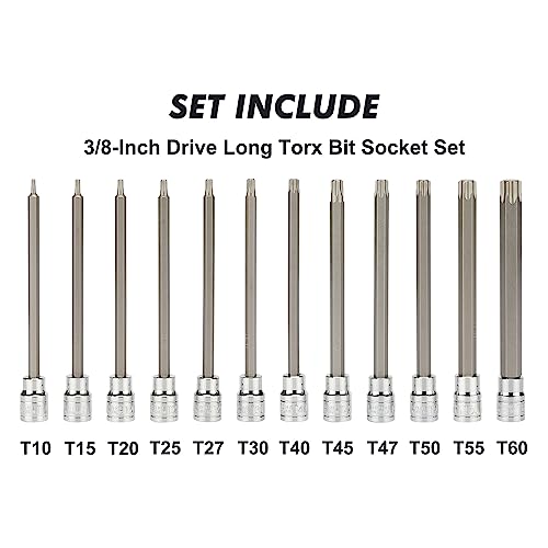 CASOMAN 3/8"Drive Extra Long Torx Bit Socket Set, 12 Piece Torx Star Bit Set, T10 to T60, Length: 150mm, CR-V&S2 Steel - size: 150mm | 12-piece Set