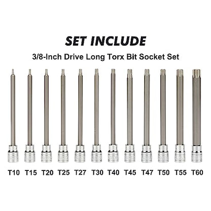 CASOMAN 3/8"Drive Extra Long Torx Bit Socket Set, 12 Piece Torx Star Bit Set, T10 to T60, Length: 150mm, CR-V&S2 Steel - size: 150mm | 12-piece Set