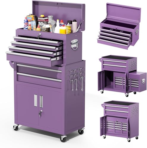 Greenvelly Tool Chest, 8-Drawer Rolling Tool Cart with Hooks, Tray Divider, Liners, 2 in 1 Detachable Tool Cabinet, Metal Tool Storage Cart, Tool Box for Garage Workshop(Purple) - color: Purple, size: 8 Drawers