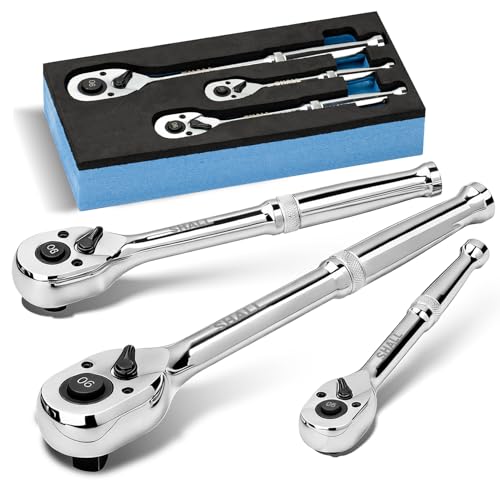 SHALL 90-Tooth 3-Pieces Drive Ratchet Wrench, Quick-Release & Reversible, Full Polished Ratchet Wrench Made of Chrome Alloy, Gifts for Men Women Dad Mom(1/4'' 3/8'' 1/2'') - size: 3 Pieces Ratchet Wrench Set