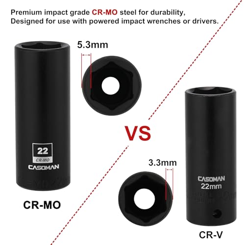 CASOMAN 1/2-Inch Drive x 22mm Deep Impact Socket, 6-Point, Metric, CR-MO - size: 22 mm (Deep), style: 6-Point Socket