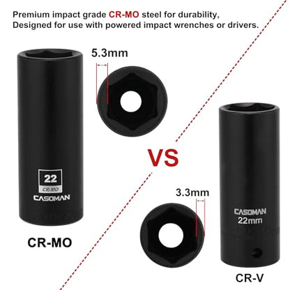 CASOMAN 1/2-Inch Drive x 22mm Deep Impact Socket, 6-Point, Metric, CR-MO - size: 22 mm (Deep), style: 6-Point Socket