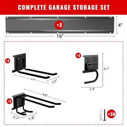 Garage Tool Organizer Wall Mount, Easy to 48inch Install Heavy-Duty Garage Storage System with 7 Adjustable Hooks, Garden Tool Rack for Shovels, Rakes, Yard Tools - size: 48" System - 7 Piece Set