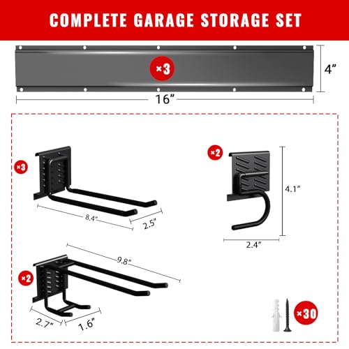 Garage Tool Organizer Wall Mount, Easy to 48inch Install Heavy-Duty Garage Storage System with 7 Adjustable Hooks, Garden Tool Rack for Shovels, Rakes, Yard Tools - size: 48" System - 7 Piece Set