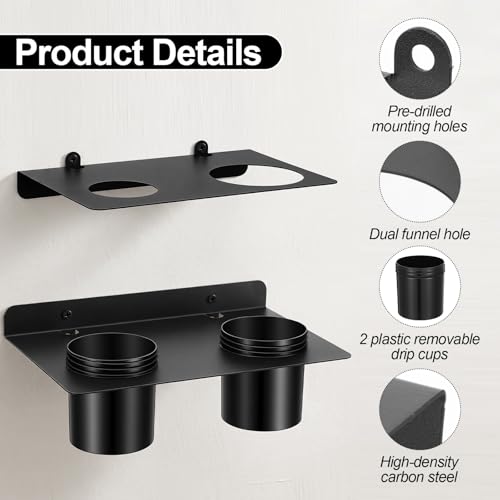 Heavy Duty 1 Pack Oil Funnel Holder – Wall Mount with 2 Removable Drip Cups, 2 Stands, 8 Screws & Anchor – Fits 3.27”/2.28” Funnels for Garage, Shop, Trailer Black Iron/PVC