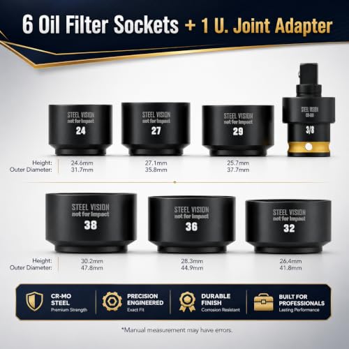 Steel Vision 7-Piece Low Profile Oil Filter Socket Set, 3/8" Drive Oil Filter Cap Removal Tool Kit with 24, 27, 29, 32, 36, 38mm Sockets and Universal Joint Adapter, CR-V Steel