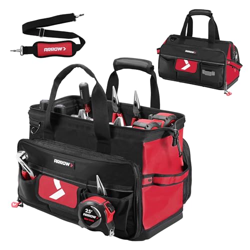 ARROW 17" Large Tool Bag with 36 Multipurpose Pockets, Tool Bags for Men Heavy Duty with Waterproof Hard Base, Reflective Band, Wide Open Mouth Toolbag for Electrician Mechanic Plumber HVAC - size: 17 Inch