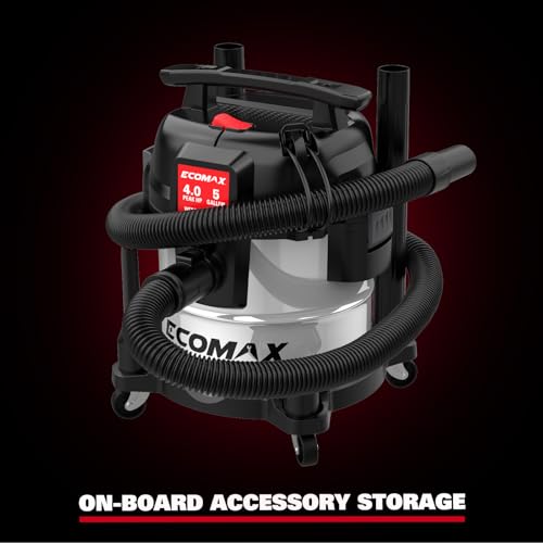 ECOMAX 5 Gallon Ultra Quiet Stainless Steel Shop Vacuum Wet and Dry | 4 Peak HP, 80% Quieter Operation, Durable Long Life Motor, Portable Vacuum for Garage, Workshop, Jobsite, Complete Accessory