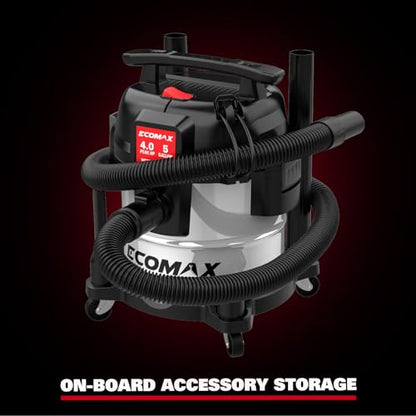 ECOMAX 5 Gallon Ultra Quiet Stainless Steel Shop Vacuum Wet and Dry | 4 Peak HP, 80% Quieter Operation, Durable Long Life Motor, Portable Vacuum for Garage, Workshop, Jobsite, Complete Accessory
