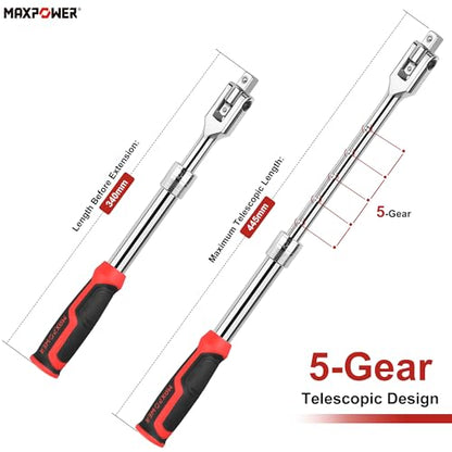 MAXPOWER Extendable Breaker Bar, Dual Head 1/2" & 3/8" Drive 360° Flex Head Cheater Bar, 5-Gear Extending Locking, Extendable Handle 13-3/8" to 18" - style: Dual drive