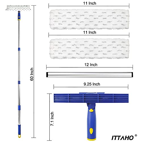 60" Window Squeegee Cleaner 2 in 1 Window Cleaning Tool Kit Window Washing Kit with Extension Pole for Shower Glass, Indoor/Outdoor High Window Cleaning-Two Pads