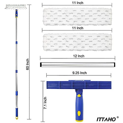 60" Window Squeegee Cleaner 2 in 1 Window Cleaning Tool Kit Window Washing Kit with Extension Pole for Shower Glass, Indoor/Outdoor High Window Cleaning-Two Pads