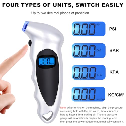 KVAEY Digital Tire Pressure Gauge, 150 PSI 4 Settings Accurate Tire Gauge with Non-Slip Grip, Backlight LCD Tire Pressure Gauge Reader Checker Tool for Car Truck Bicycle Motorcycle (Silver) - color: Silver