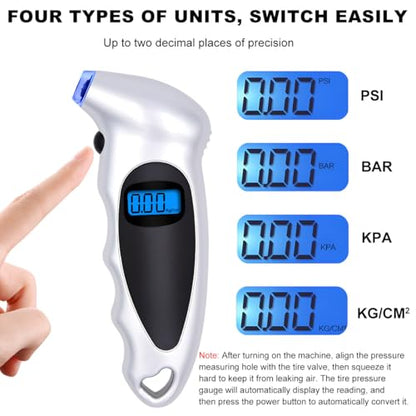 KVAEY Digital Tire Pressure Gauge, 150 PSI 4 Settings Accurate Tire Gauge with Non-Slip Grip, Backlight LCD Tire Pressure Gauge Reader Checker Tool for Car Truck Bicycle Motorcycle (Silver) - color: Silver