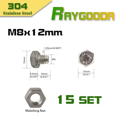 M8-1.25x12mm Hex Bolt and Nut Kit 15set, 304 Stainless Steel (A2-70), Full Thread, Bright Finish, Machine Threaded for Automotive, Machinery, DIY - size: M8x12mm(15 Sets）