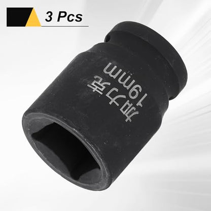 HARFINGTON 3pcs 4 Point Square Socket 1/2" Drive 19mm Metric Square Impact Socket CR-V Blackening Standard Wheel Sleeve Pneumatic Sleeve Tool for Auto Repair Mechanical Maintenance Home Use - size: 19mm