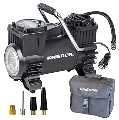 K KRIËGER Air Compressor Portable Tire Inflator 12V DC Air Pump for Car Tires with Digital Tire Pressure Gauge 120 Max PSI Preset Pressure Feature, LED, Digital Display Includes Storage Bag
