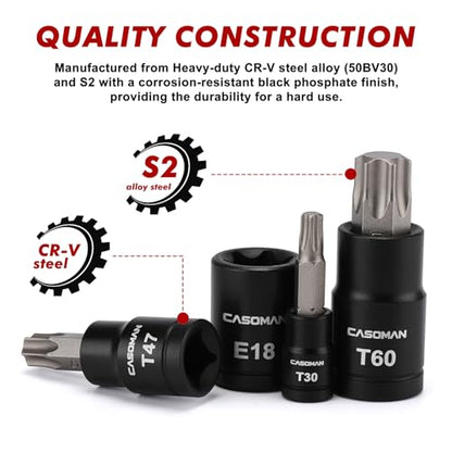 CASOMAN 71-Piece Master Hex & Torx Bit Socket Set, 1/4" & 3/8" & 1/2" Drive, Metric/SAE Hex Bit Sockets, Star Bit Sockets (T6 - T70), E-Torx Sockets (E4 - E24), with Storage Case - size: 66-Piece Torx & Hex Bit Socket Set