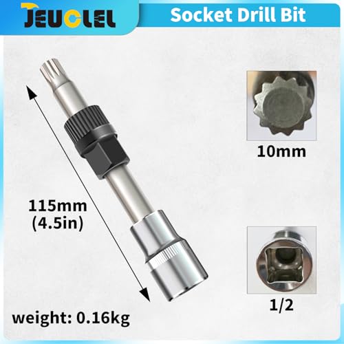 1/2"Dr M10 Alternator Wrench, 33 Teeth Alternator Pulley Socket Drill Bit, 10mm x 12mm Tip Alternator Decoupler Pulley Tool Socket for Precision Installation and Removal of Automotive Pulleys