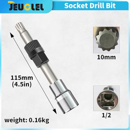 1/2"Dr M10 Alternator Wrench, 33 Teeth Alternator Pulley Socket Drill Bit, 10mm x 12mm Tip Alternator Decoupler Pulley Tool Socket for Precision Installation and Removal of Automotive Pulleys