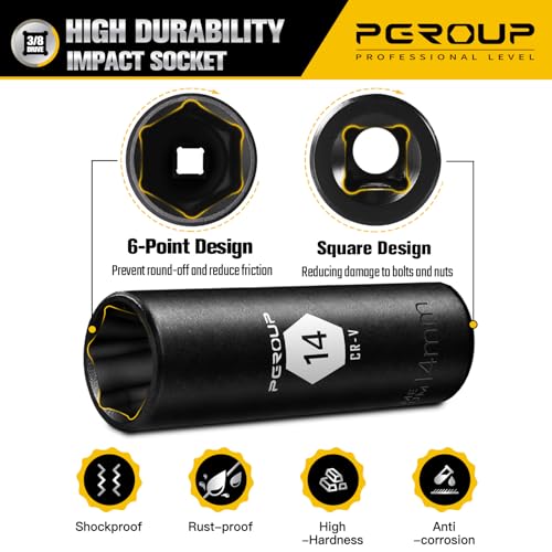 3/8” Drive Deep Impact Socket, Metric(14mm socket), 6-Point, Cr-V Steel With Black Manganese Phosphate Coating - size: 14 mm