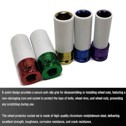5PCS 1/2" Drive Impact Lug Nut Socket Set, Lug Nut Impact Socket | 15 17 19 21 22mm, 6 Point, Non-Marring, Thin Wall, Deep Socket, Wheel Protector, Protective Socket, Color-Coded, Cr-Mo Steel - size: 5PCS 15 17 19 21 22mm