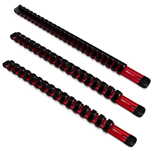 Olsa Tools Aluminum Socket Organizer, 3pc Set - Red Socket Holder Kit 1/2-Inch, 3/8-Inch, and 1/4-Inch Drive - Holds 58 Chrome or Impact Sockets - Professional Grade Socket Rails - Part: 1009 - color: Red, size: 17 inches x 4 1 inch
