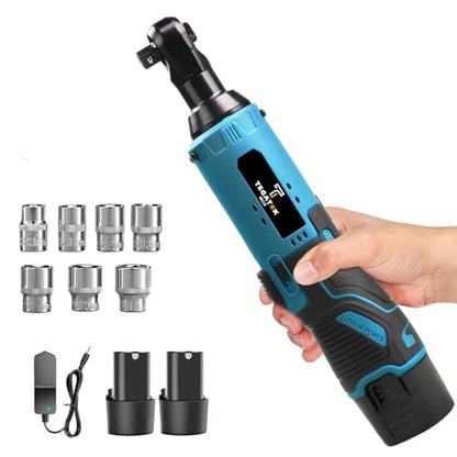 Tegatok Cordless Electric Ratchet Wrench Set, 40FT-LBS (45N.m) 3/8" Electric Ratchet, 12V Cordless Ratchet Wrench, 2 x 2.0Ah Batteries Impact for Car Home, Blue